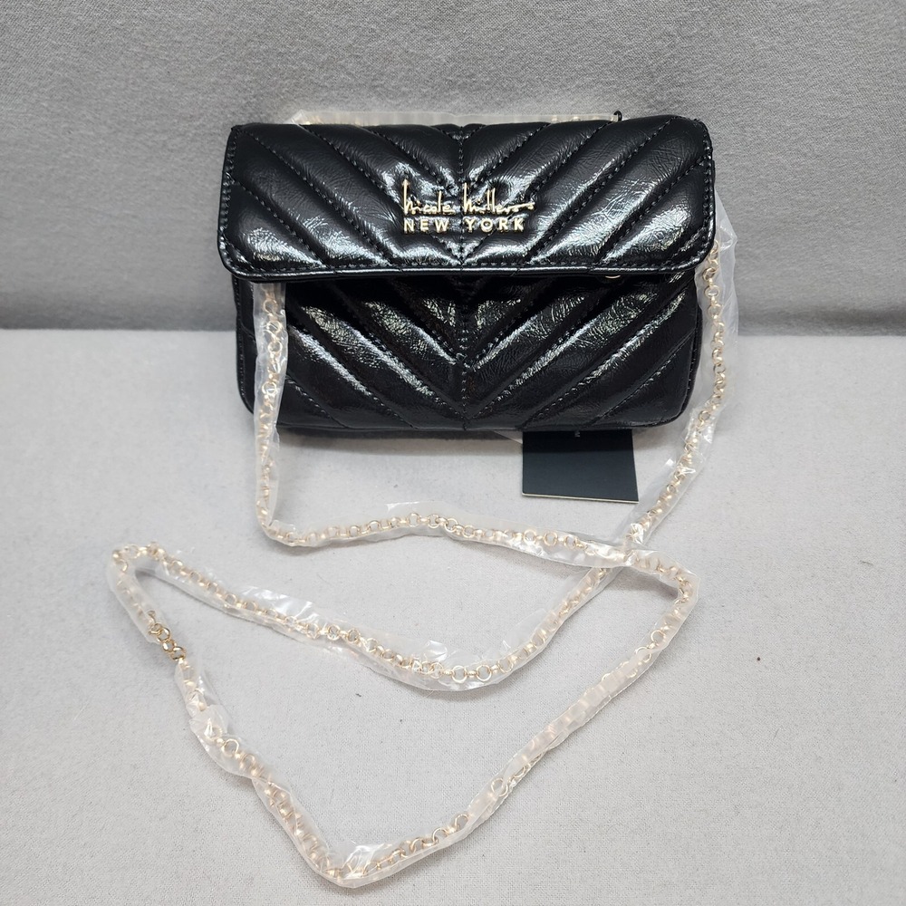 Nicole Miller Crossbody Bag Black Chevron Quilted Patent NWT